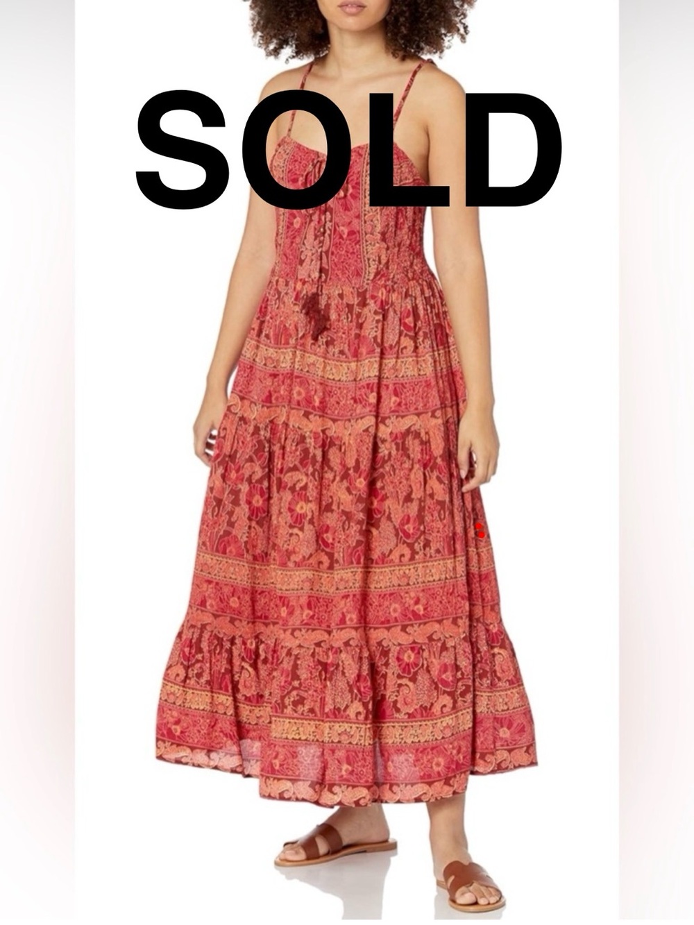 Angie Red Patterned Boho Maxi Dress with Tassel Tie